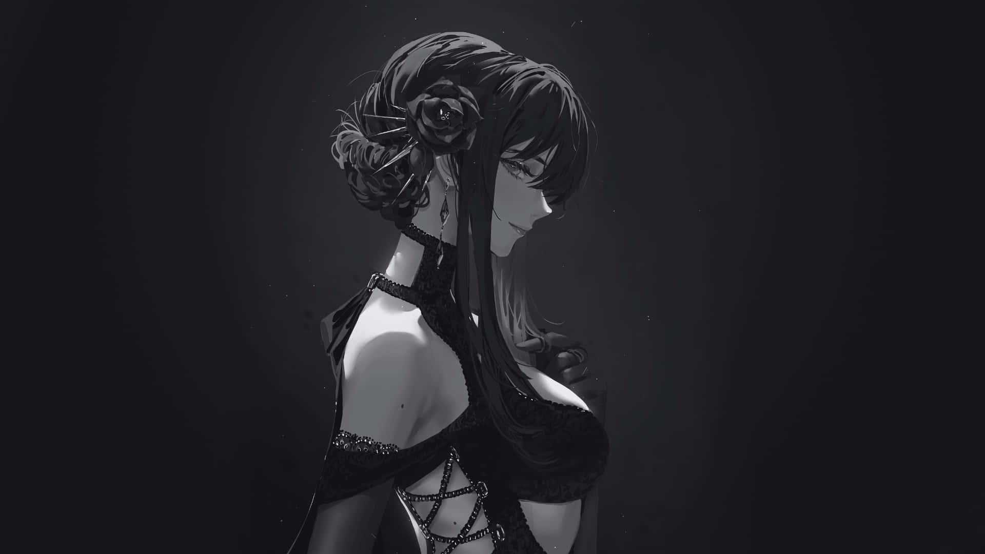  壁紙 — 一個情緒化的動漫女孩，長長的黑髮，頭髮上插著一朵玫瑰，穿著黑色蕾絲服裝，背景是深色的。