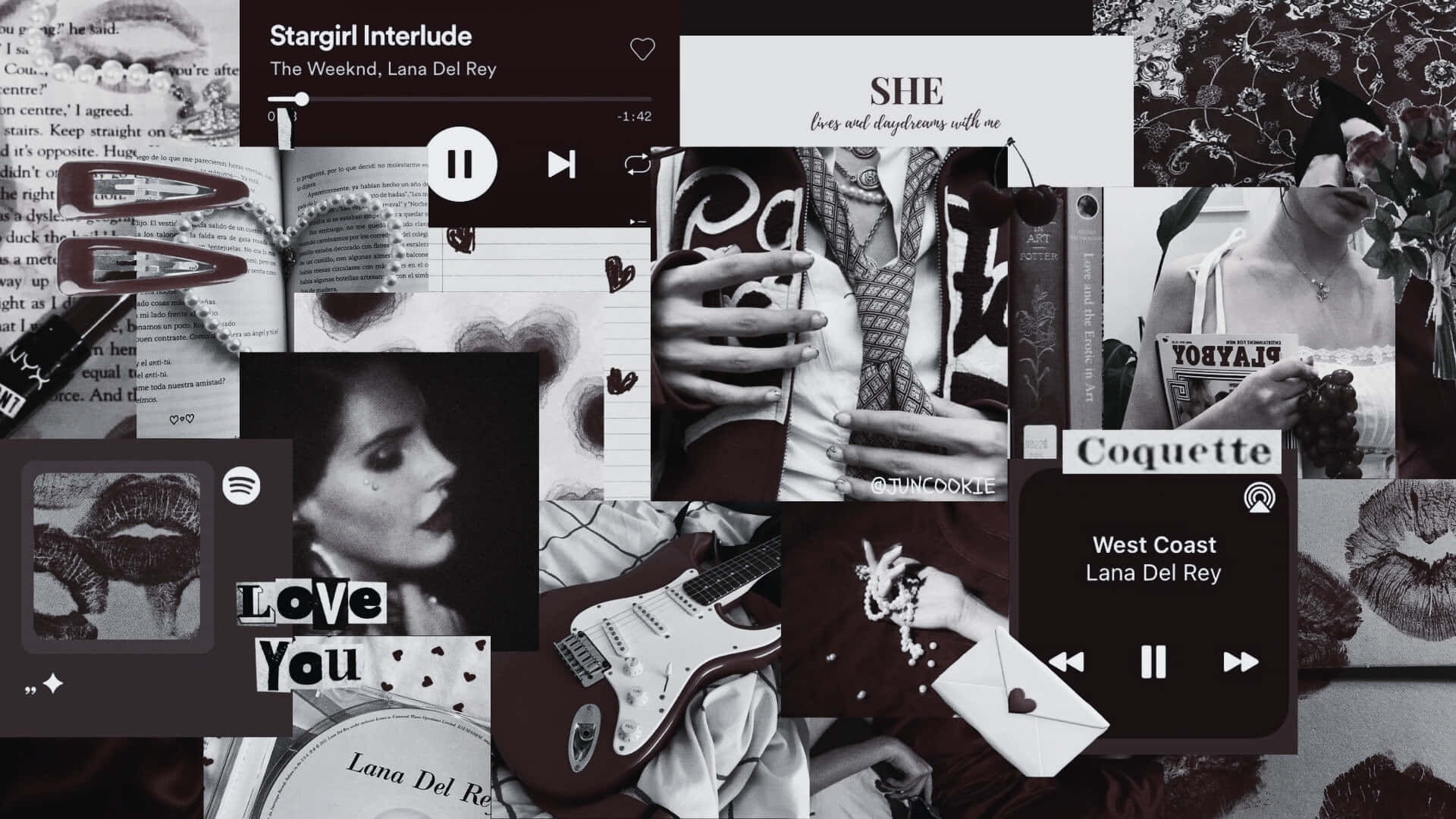  壁紙 — Lana Del Rey 音樂視覺、手寫歌詞和復古美學元素組成的黑白拼貼畫，充滿氛圍感。