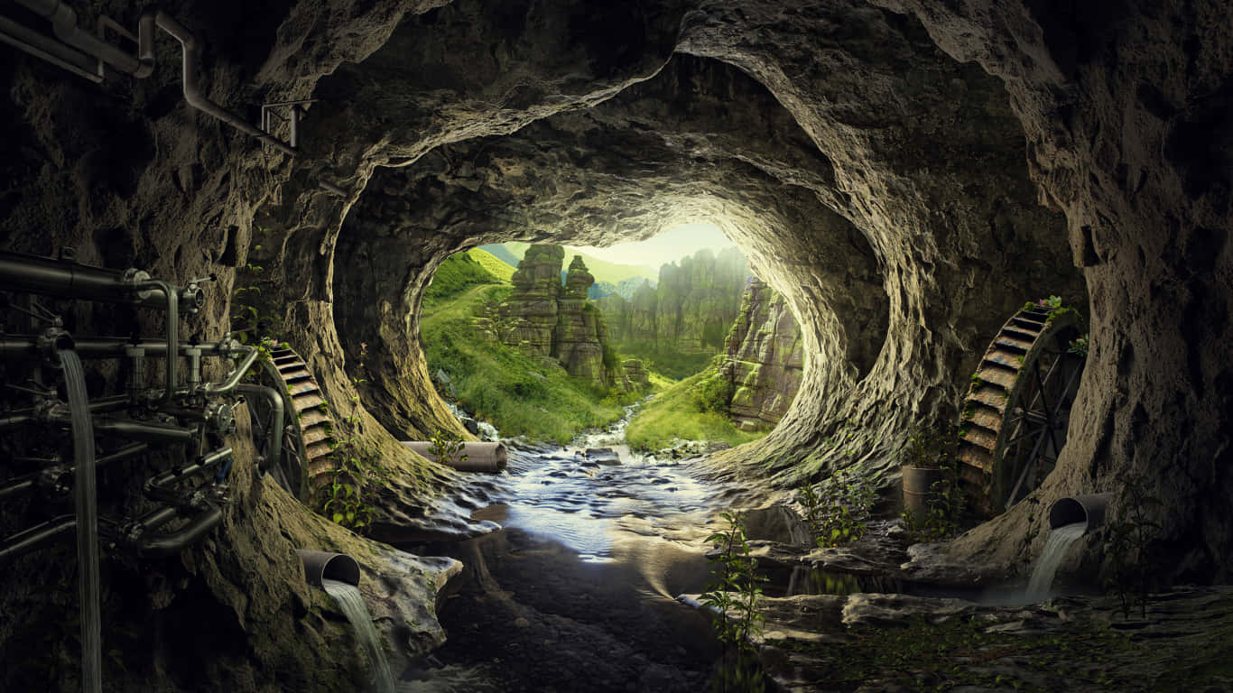  壁紙 — 一個長滿青苔的洞穴隧道，內有水車和管道，通向一個有溪流流過的明亮綠色山谷。