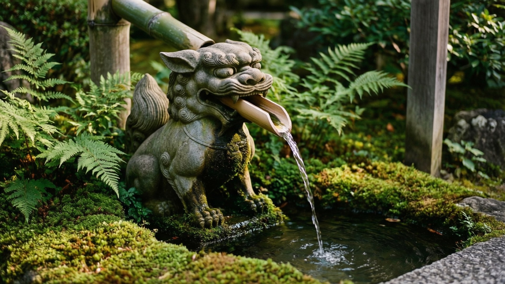 Japanese Nature 桌布 壁紙 — 一座長滿青苔的石獅子雕像從口中噴出水，流入一個被茂密蕨類植物和竹子環繞的寧靜池塘。