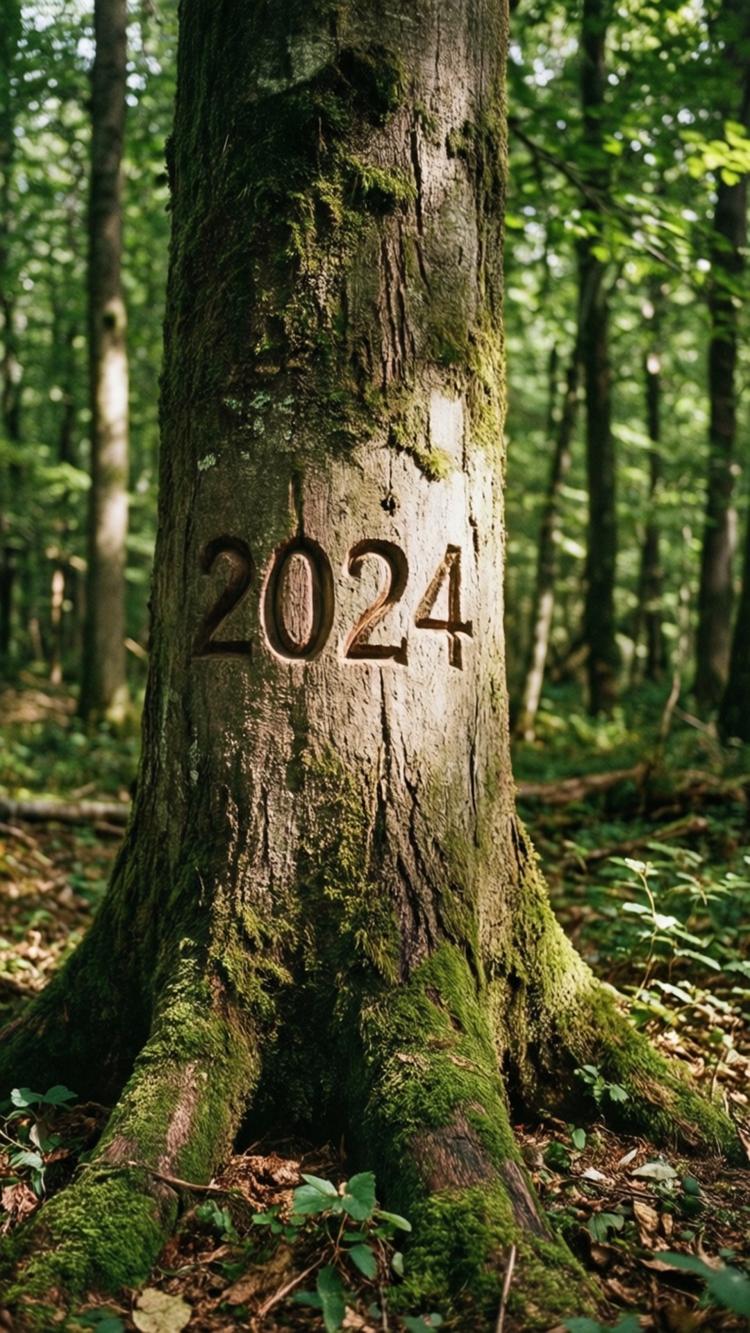 森林中長滿苔蘚的樹幹上刻有2024年。