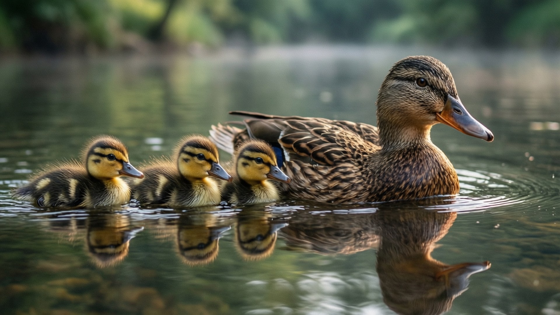 Mallard 桌布 壁紙 — 一隻鴨媽媽同佢三隻毛茸茸嘅鴨仔喺霧氣瀰漫嘅池塘上平靜咁滑行，帶有完美嘅倒影。