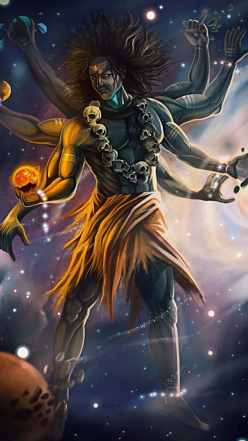  壁紙 — 一位多臂宇宙神祇，戴著骷髏項鍊，手持火球，漂浮在星辰與星雲之間。