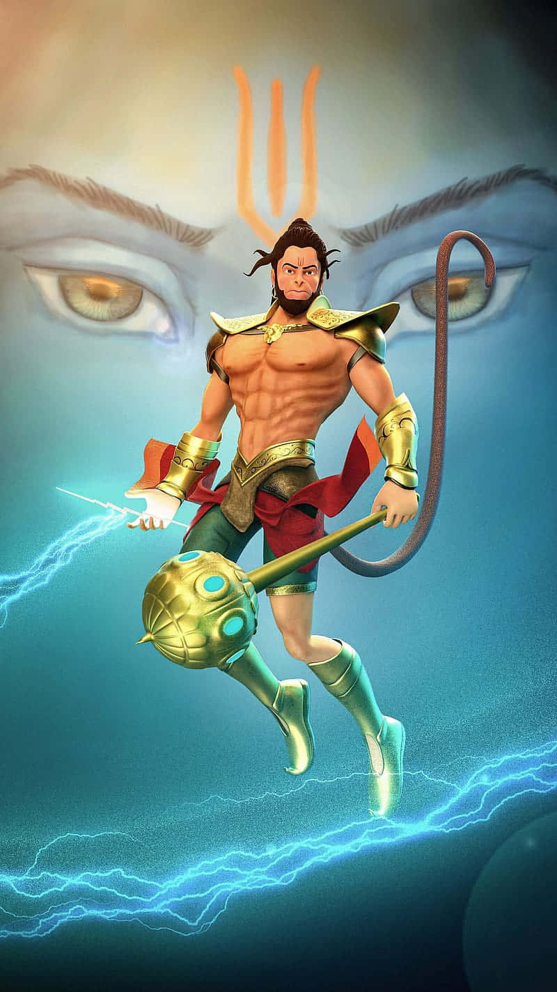  壁紙 — 一位肌肉發達的印度教神祇，擁有猴子尾巴和金色武器，在電光藍色閃電中跳躍，背景是巨大的神聖之眼。