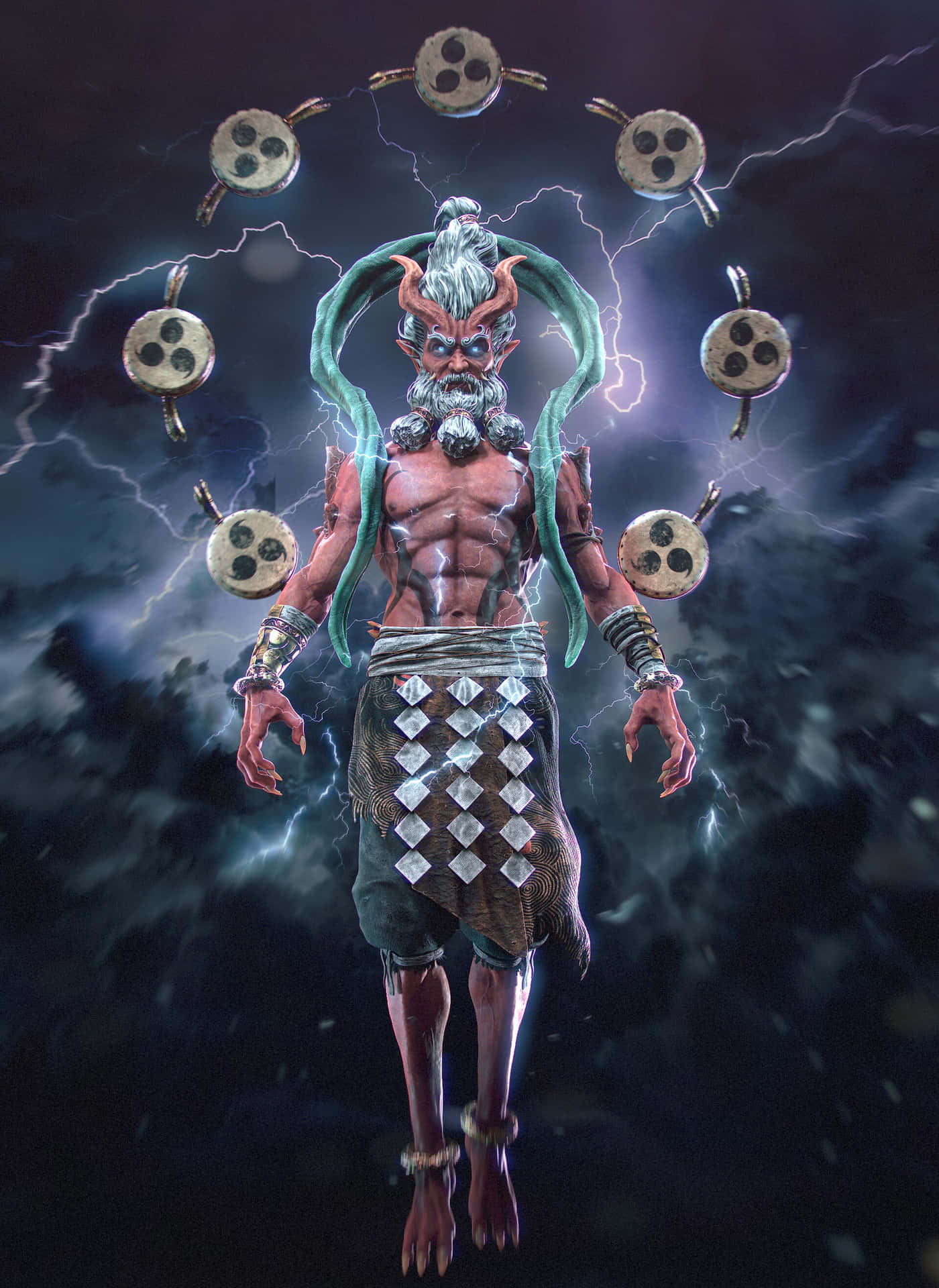  壁紙 — 一位肌肉發達、有角的 deity，綠色蛇和閃電環繞著他，他在暴風雲中漂浮，周圍有漂浮的八卦符號。