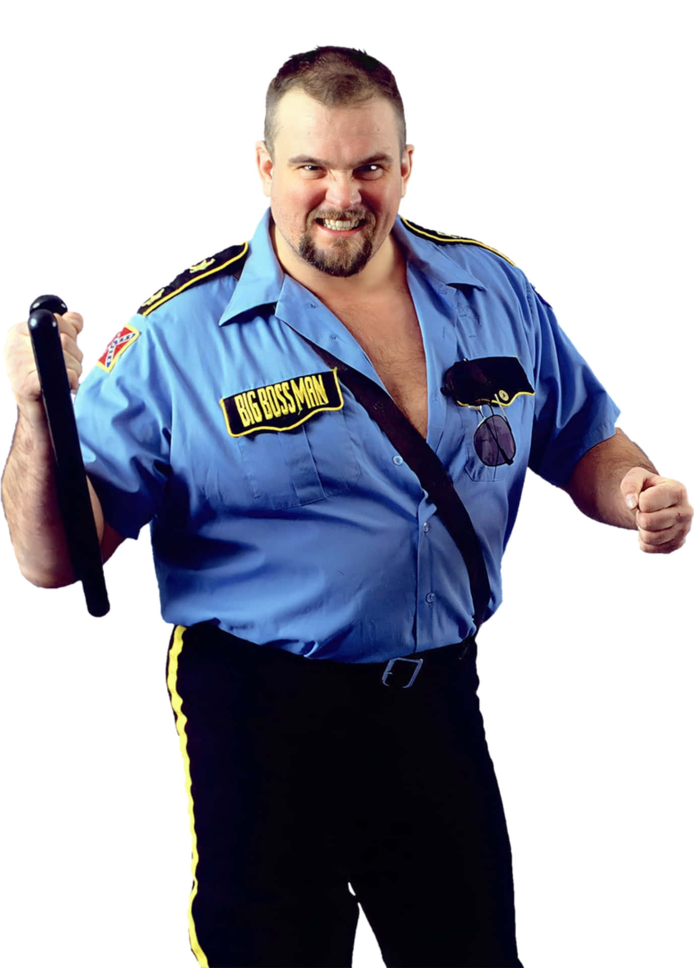  壁紙 — 一個肌肉發達的男人穿著藍色保安制服，上面有 'BIG BOSS MAN' 徽章，手持警棍，在白色背景前露出侵略性的笑容。