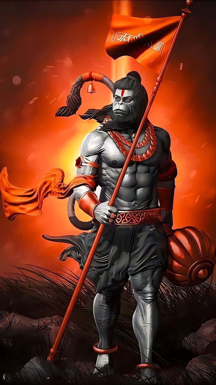  壁紙 — 一個肌肉發達的猴神挑釁地站立，手持旗幟和武器，背景是火熱的橙色。