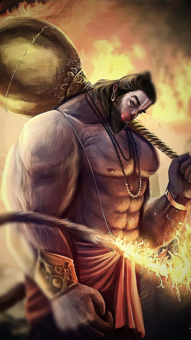  壁紙 — 一個肌肉發達的猴神，手持金色棍棒，散發火焰光環，在發光的橙色天空下強力站立。