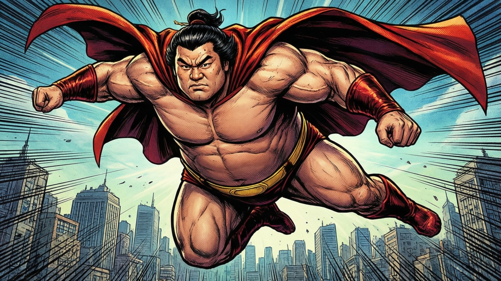 sumo 桌布 壁紙 — 一位肌肉發達、披著紅色斗篷的超級英雄，在動態速度線強調運動的城市景觀上空翱翔。