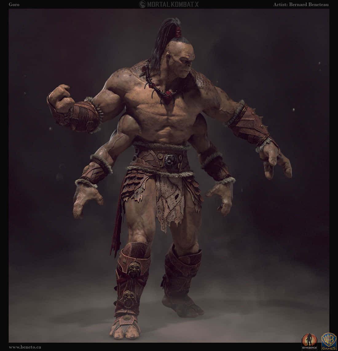 Mortal Kombat Goro 桌布 壁紙 — 一個肌肉發達的戰士，留著辮子，穿著部落盔甲，站在黑暗霧氣繚繞的攝影棚中，雙眼發光，拳頭緊握。