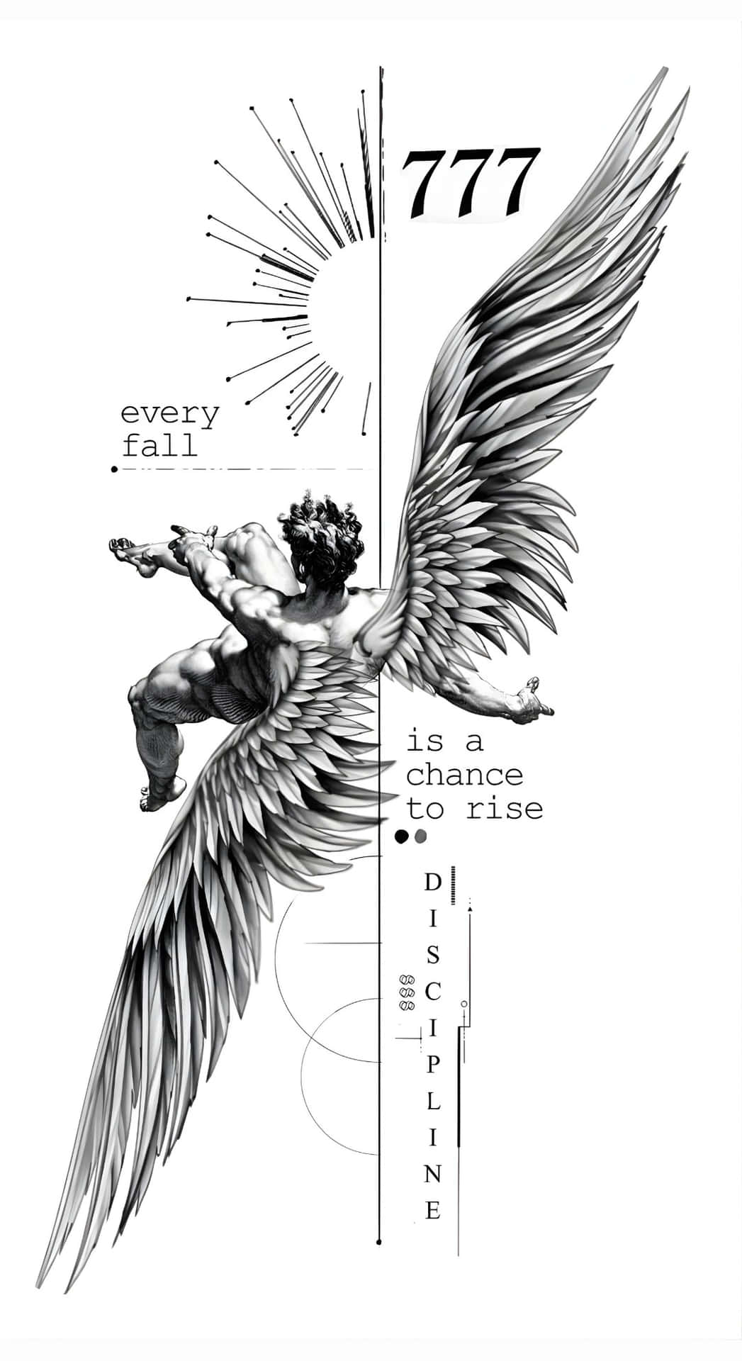  壁紙 — 一個肌肉發達的有翼人物在文字「every fall is a chance to rise」和「777 DISCIPLINE」旁邊升起，呈現鮮明的黑白插圖。