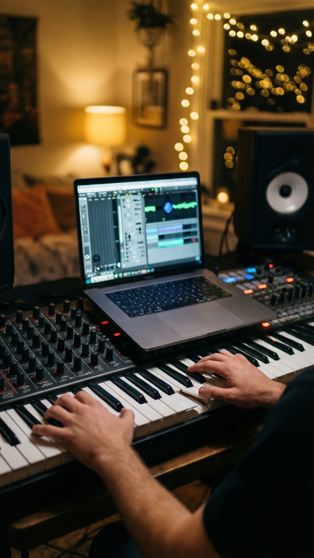 桌布 壁紙 — 一位音樂家在溫暖照明的家庭工作室中，使用串燈和音頻設備彈奏鍵盤。