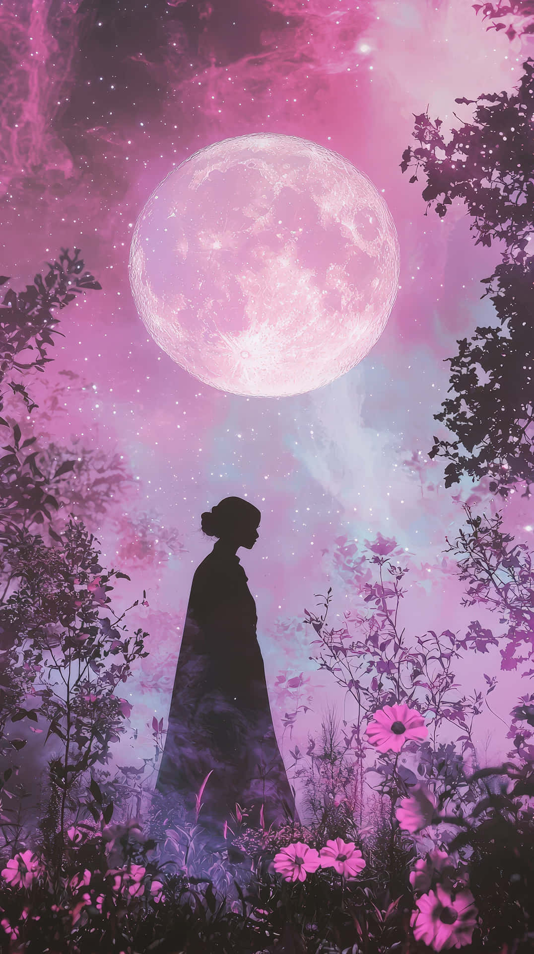 一個女人的剪影站在夢幻夜空下發光月亮下的粉紅色花田中。