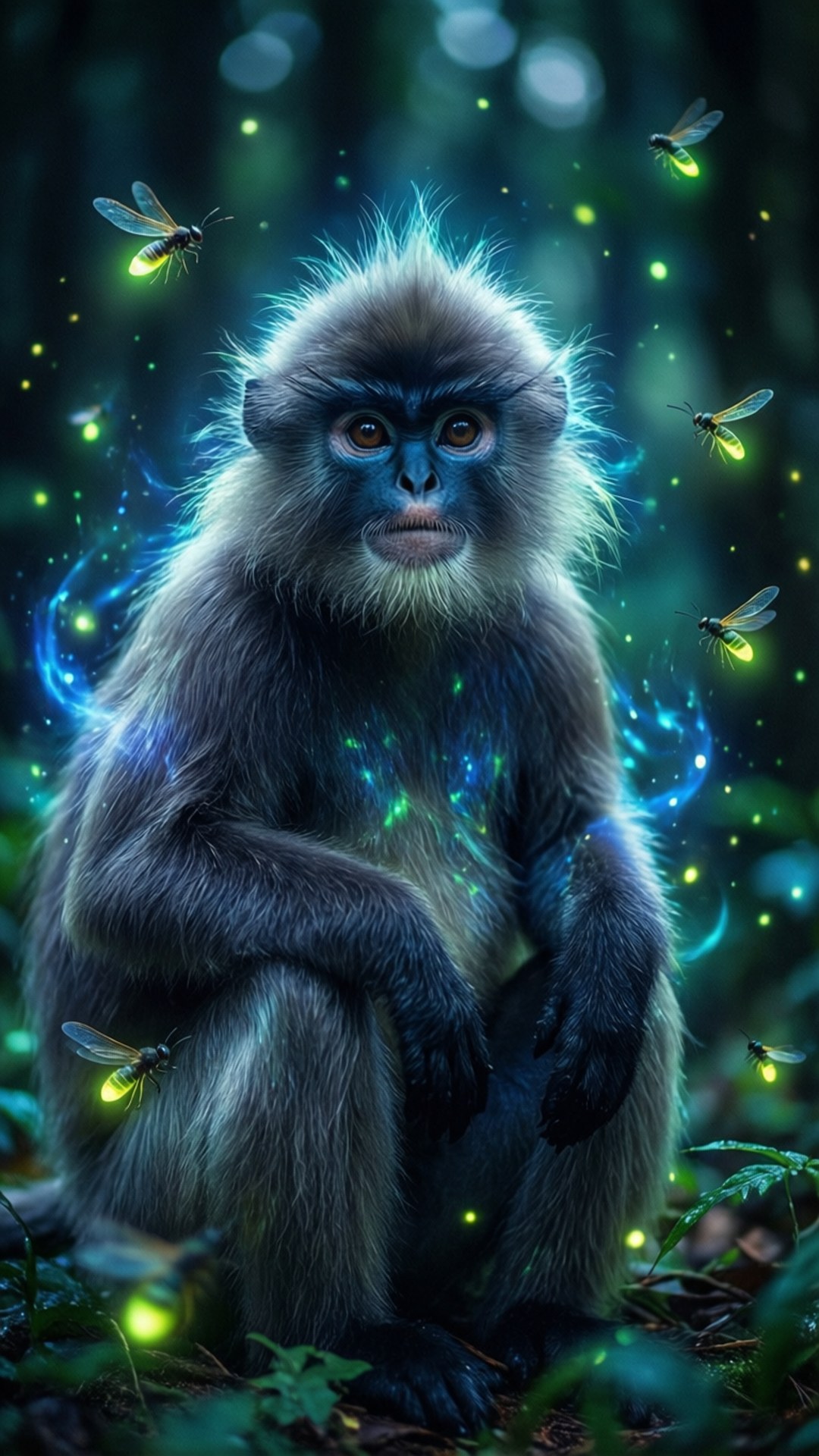 一隻發光的猴子在黑暗的森林中被螢火蟲包圍。