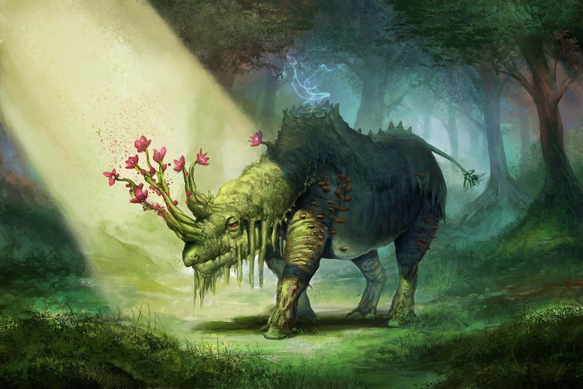 Fantasy Creatures 桌布 壁紙 — 一隻神話野獸，長著長滿苔蘚的角，開出粉紅色的花朵，走過籠罩在柔和金色光芒中的迷霧魔法森林。