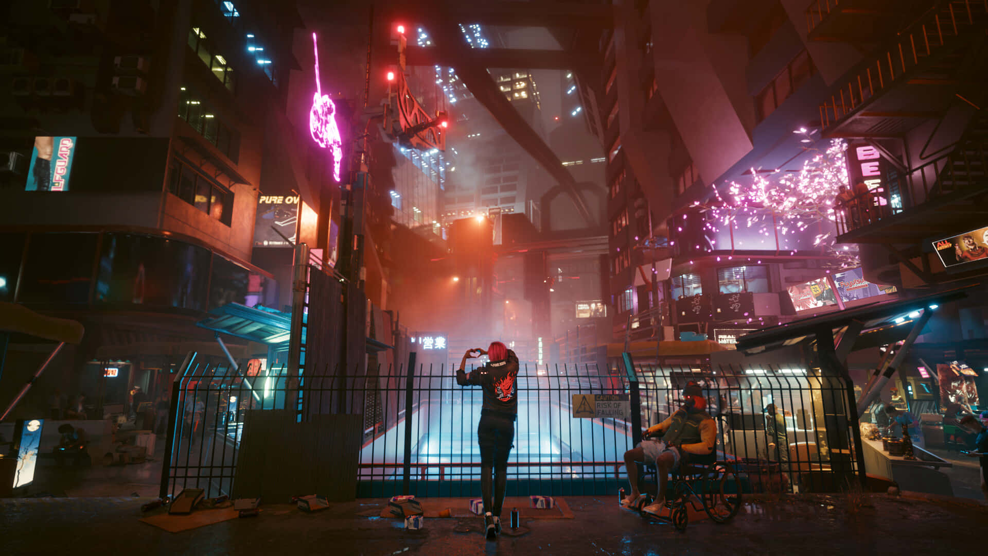 歡迎來到未來 壁紙 — 夜晚一條充滿霓虹燈的 cyberpunk 小巷，有兩個人，一個站著，一個坐輪椅，周圍是發光的招牌和霧雨。
