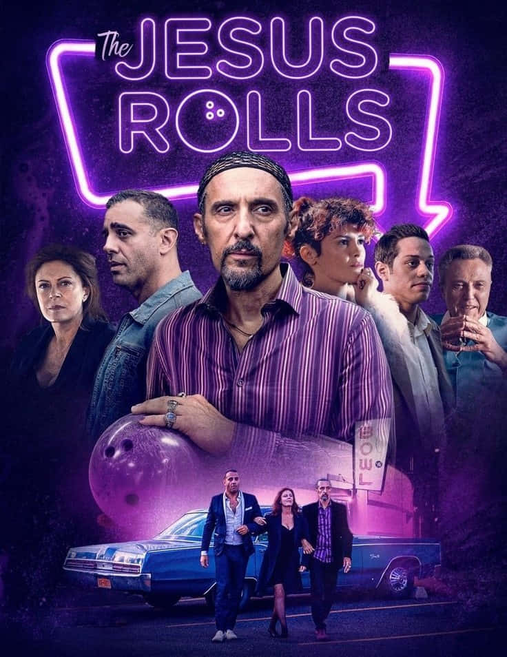 John Turturro 桌布 壁紙 — 《The Jesus Rolls》的霓虹燈電影海報，中央一名男子手持保齡球，其他角色圍繞一輛紫色燈光下的復古藍色汽車。