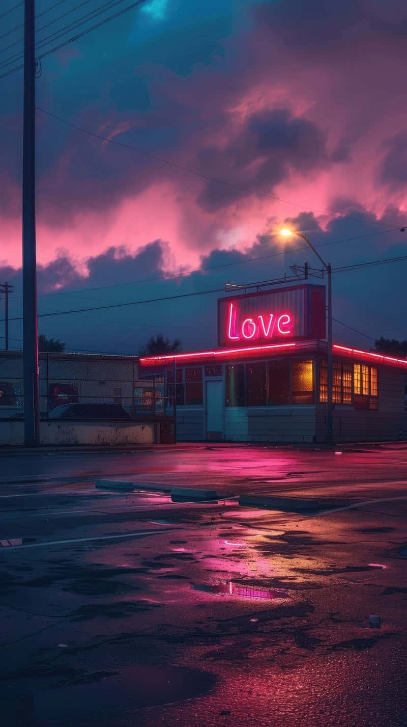  壁紙 — 一個粉紅色霓虹燈 'Love' 標誌在復古餐廳上發光，背景是戲劇性的暮色天空，雨水濕滑的路面反射著光線。