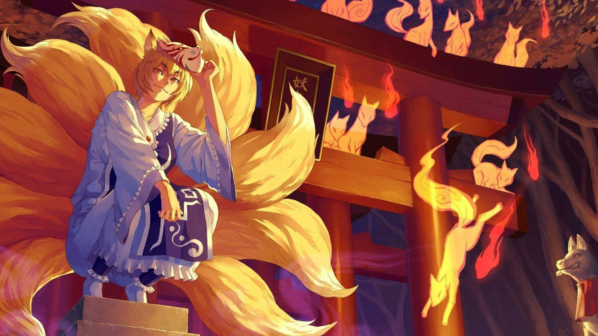  壁紙 — 一隻穿著藍色和服的九尾狐靈坐在神社頂上，周圍有發光的橙色尾巴和漂浮的狐狸。