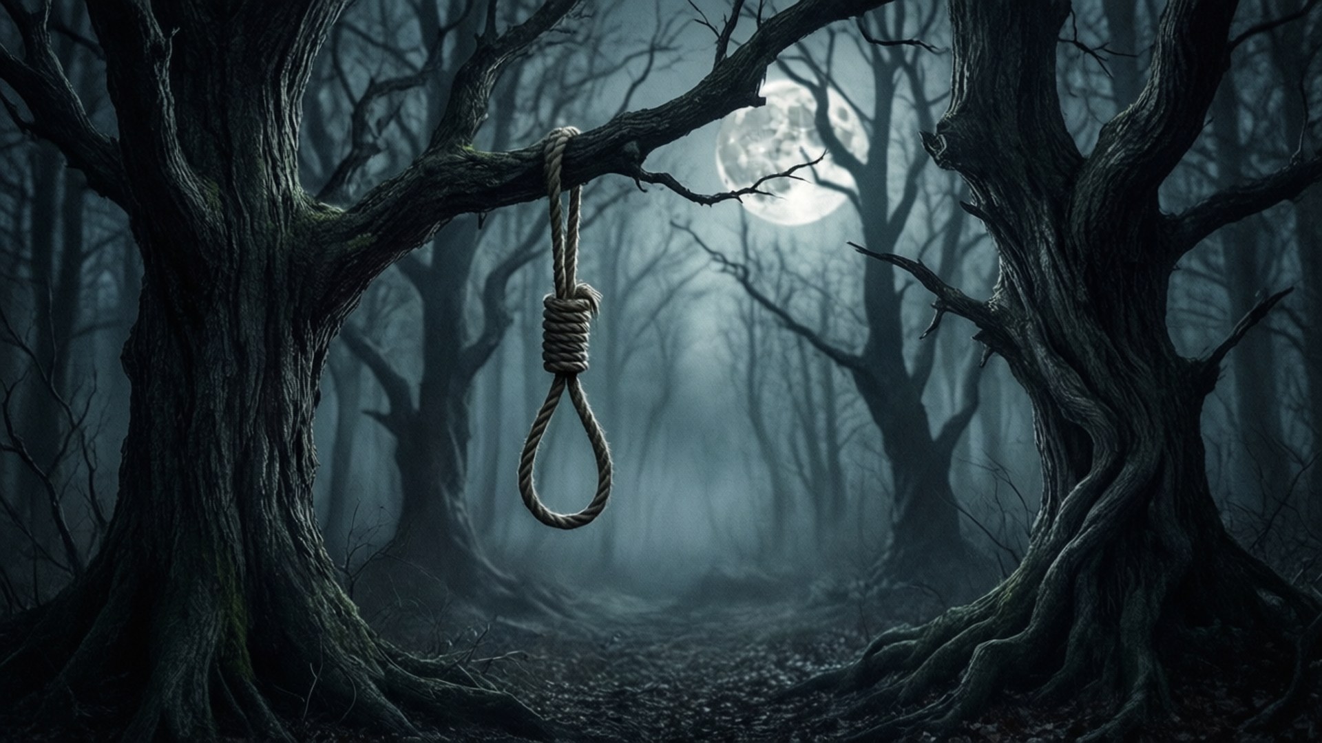 Forest Noose 壁紙 — 一個絞索掛在月光下迷霧森林中一棵多節的樹枝上，營造出令人不寒而慄且不祥的氛圍。