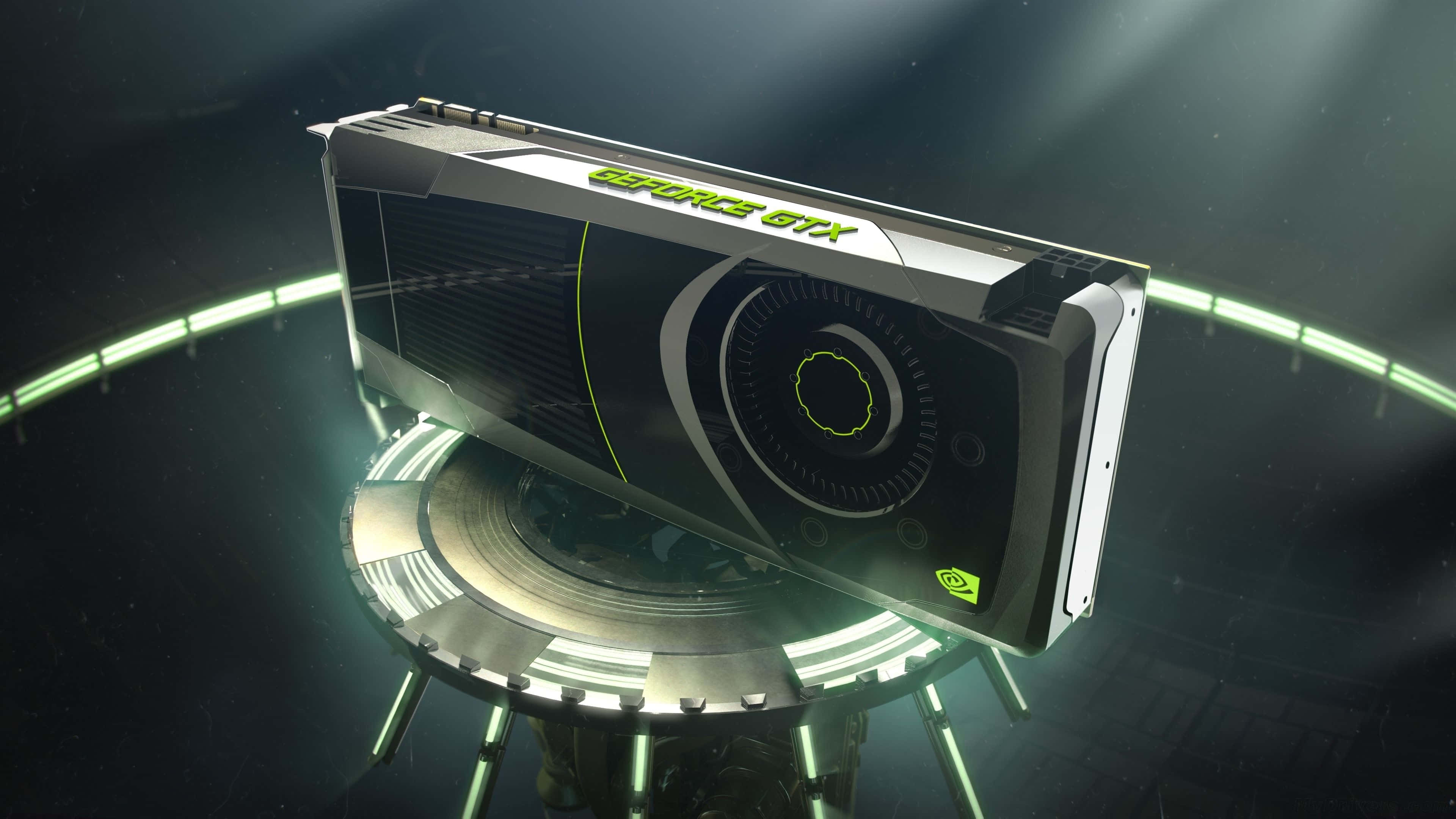 4K Graphics Cards 桌布 壁紙 — Nvidia GeForce GTX 顯示卡在黑暗科幻背景下，在未來風格的底座上發出霓虹綠光。