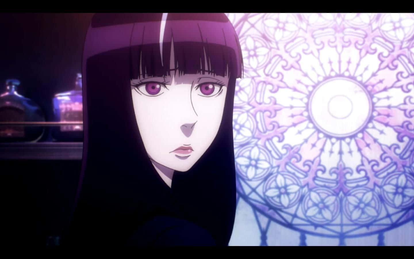 Death Parade Chiyuki 桌布 壁紙 — 一個蒼白的動漫女孩，紫色眼睛和黑色頭髮，在發光的紫色曼陀羅背景下向前凝視。