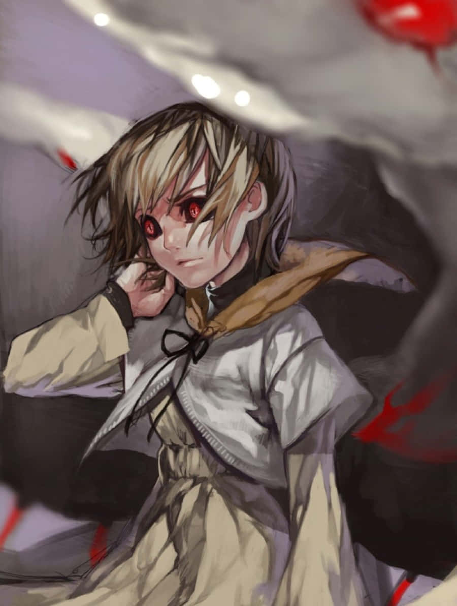Hinami Fueguchi 桌布 壁紙 — 一個蒼白的動漫女孩，紅眼睛，凌亂的金髮，穿著米色外套，背景是帶有紅色條紋的黑暗煙霧背景。