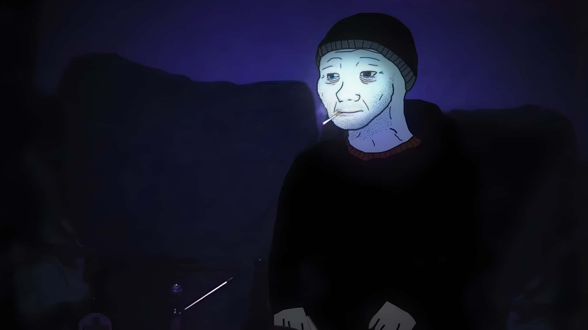  壁紙 — 一個面色蒼白、戴著冷帽的男人在一個光線昏暗、帶有深紫色陰影的房間裡抽煙。