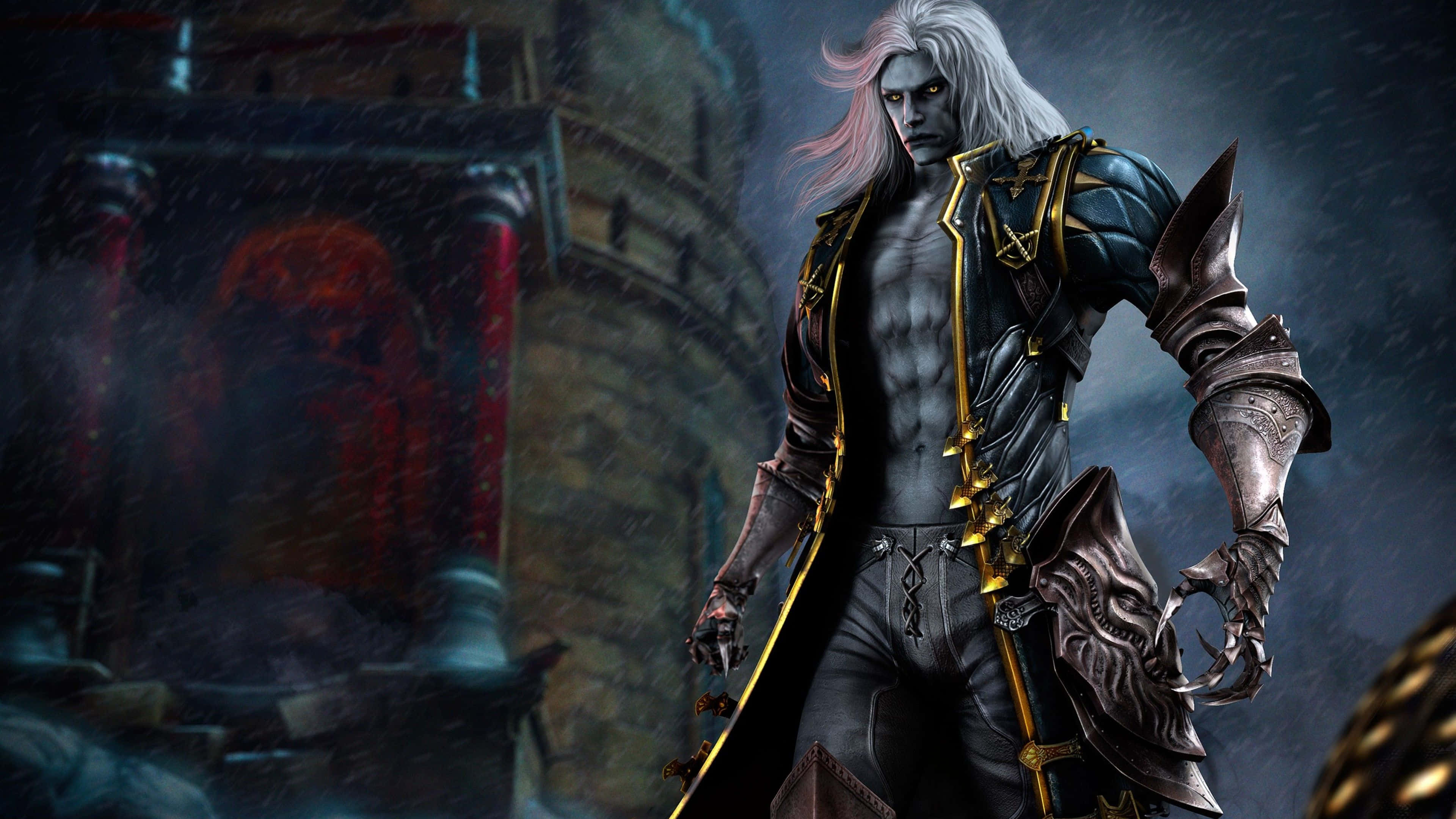 Castlevania Alucard 桌布 壁紙 — 一位蒼白皮膚、白髮的戰士站在暴風雨中的廢墟中，身穿飾有金色邊飾的華麗暗色盔甲，手持鋸齒狀武器。