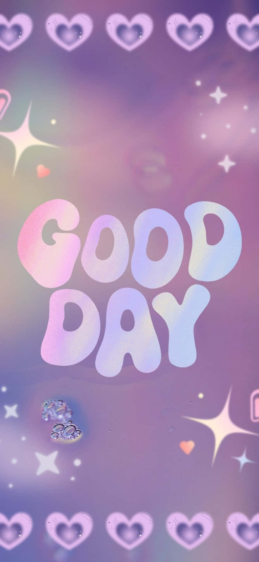  壁紙 — 一款夢幻全息風格的漸變粉彩牆紙，上面有「GOOD DAY」字樣，周圍環繞著心形和星星。