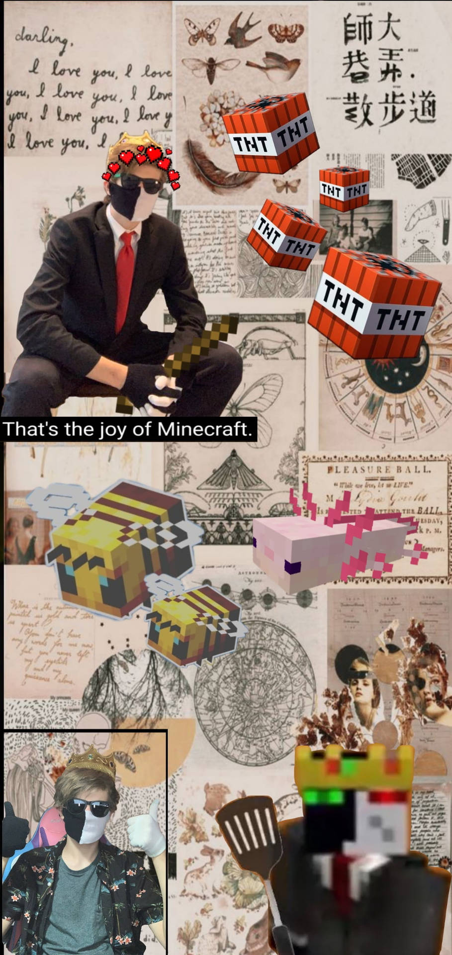 Minecraft主題拼貼畫，展示一個穿著西裝和戴著口罩的人被遊戲物品包圍。