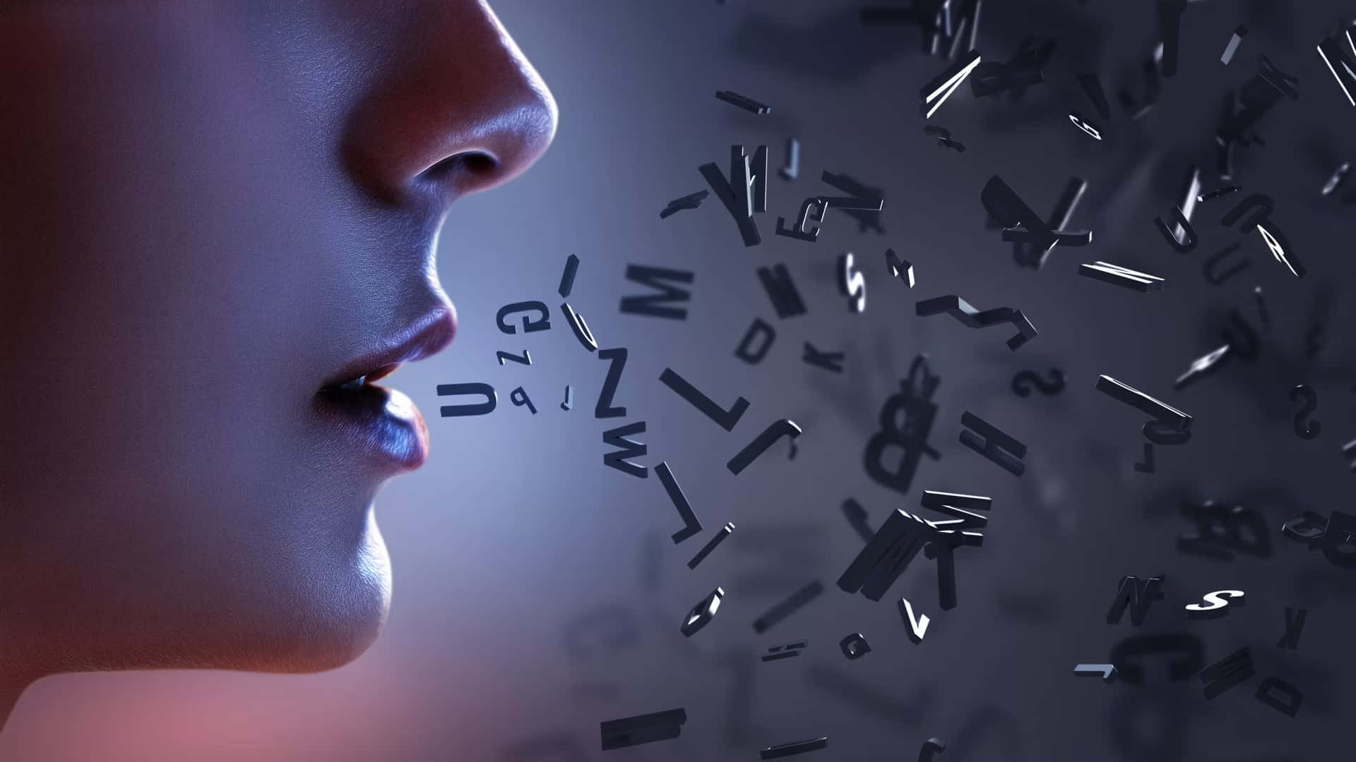  壁紙 — 一個人的嘴巴在漸變背景上呼出漂浮的金屬字母。