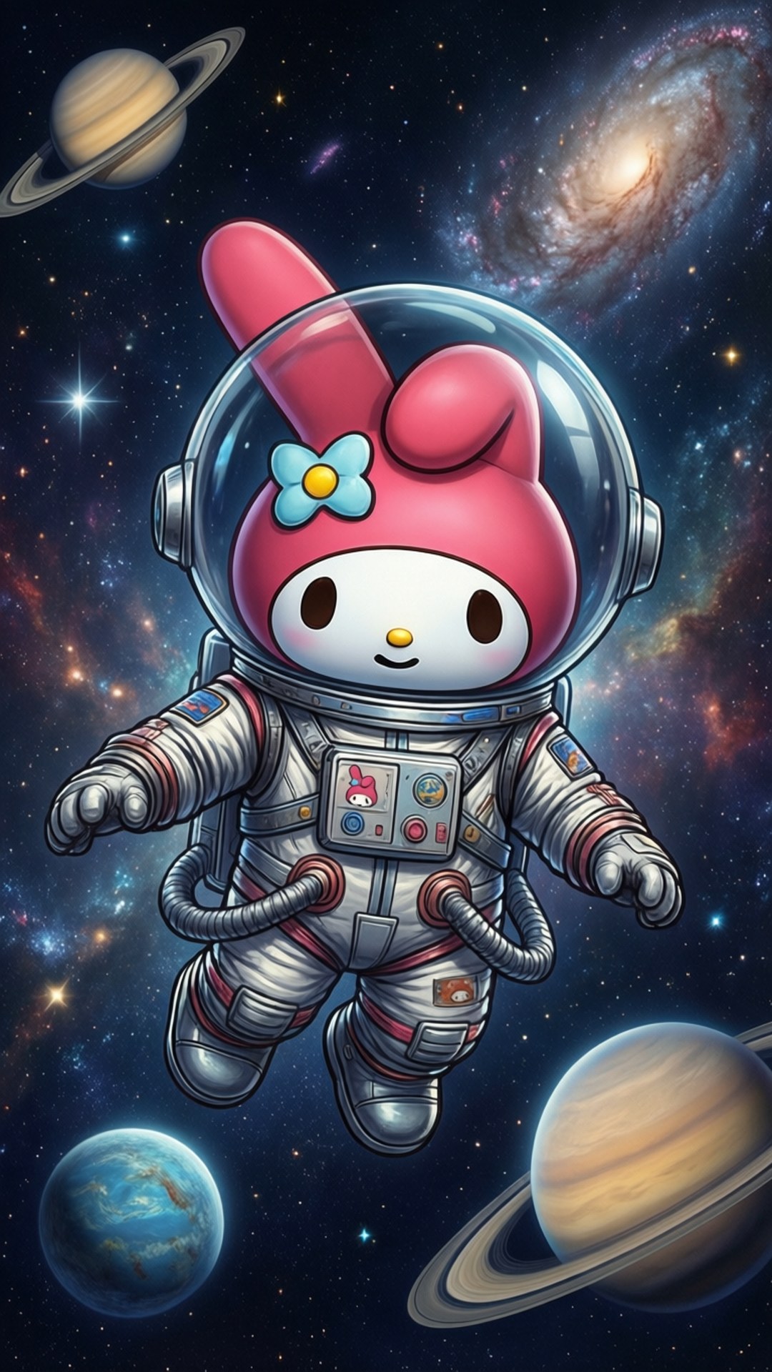 桌布 壁紙 — 一隻粉紅色兔仔太空人漂浮在太空，周圍環繞著行星和發光的星系。