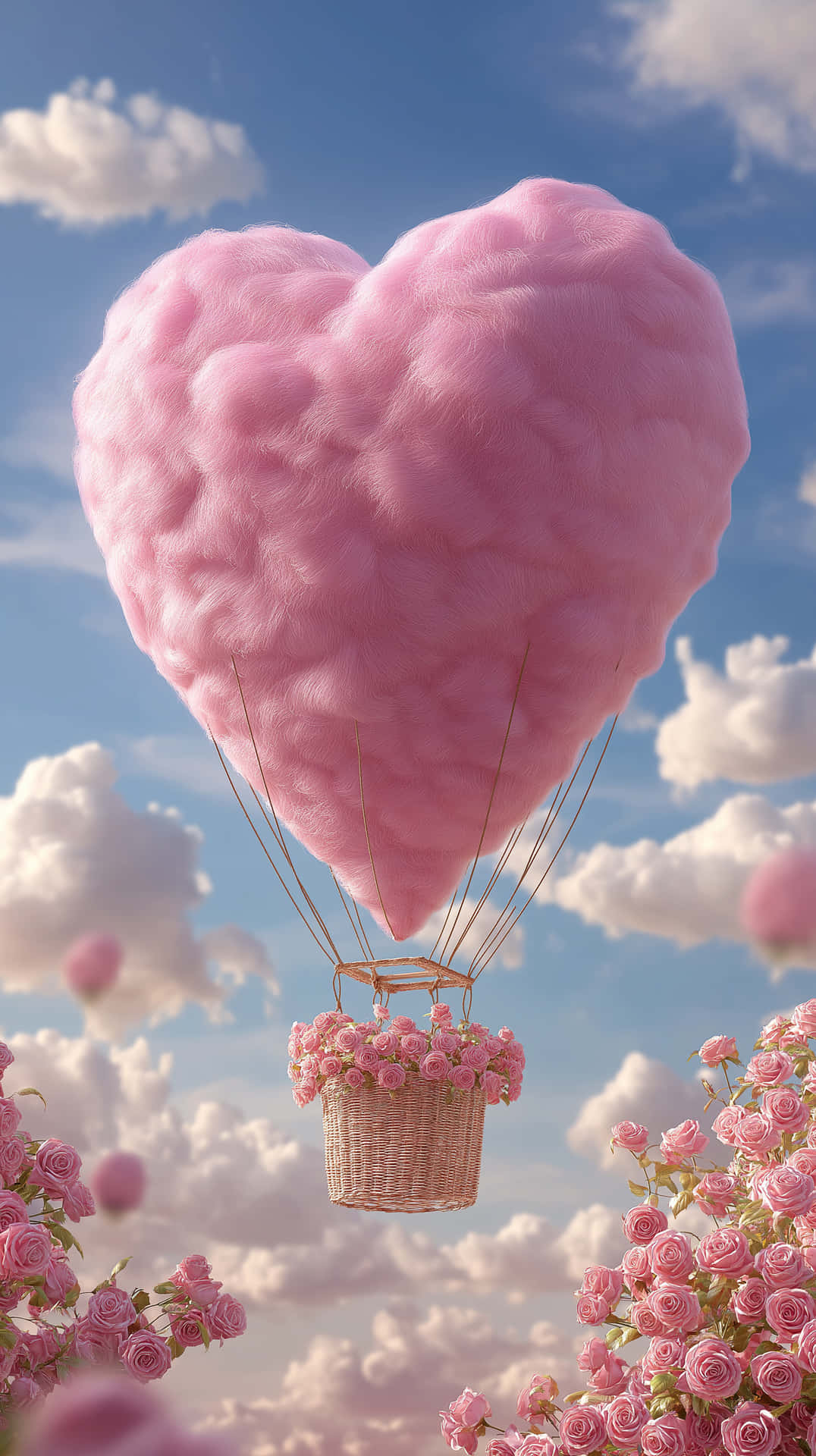 A pink heart-shaped balloon in the shape of cotton 壁紙 — 一個巨大的粉紅色棉花糖心形熱氣球漂浮在蓬鬆雲朵的天空上，籃子裡裝滿了粉紅玫瑰。