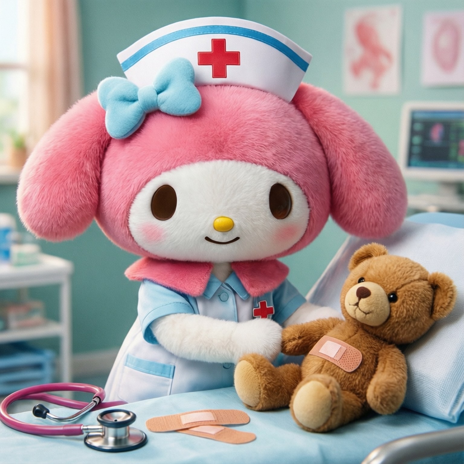 Nurse My Melody 壁紙 — 粉紅色My Melody毛絨角色穿著護士服，在病房裡溫柔地檢查一隻泰迪熊病人。