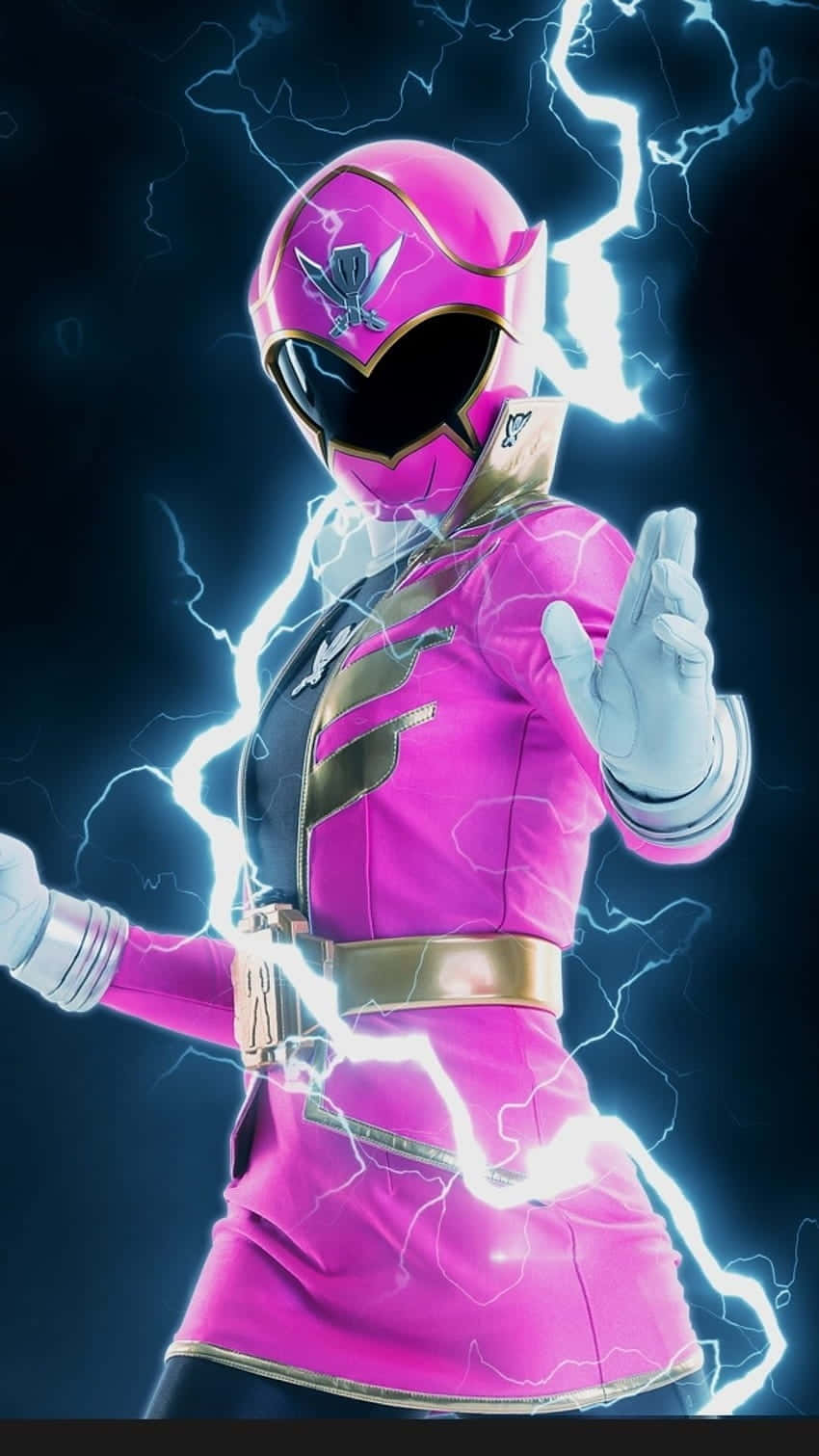  壁紙 — 一個粉紅色嘅Power Ranger喺動感姿勢中，被噼啪作響嘅閃電包圍，背景係黑色。