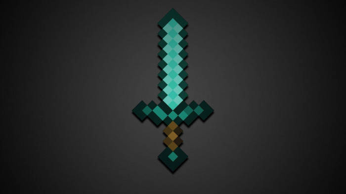 一把來自Minecraft的像素化鑽石劍，在深色背景上發光。