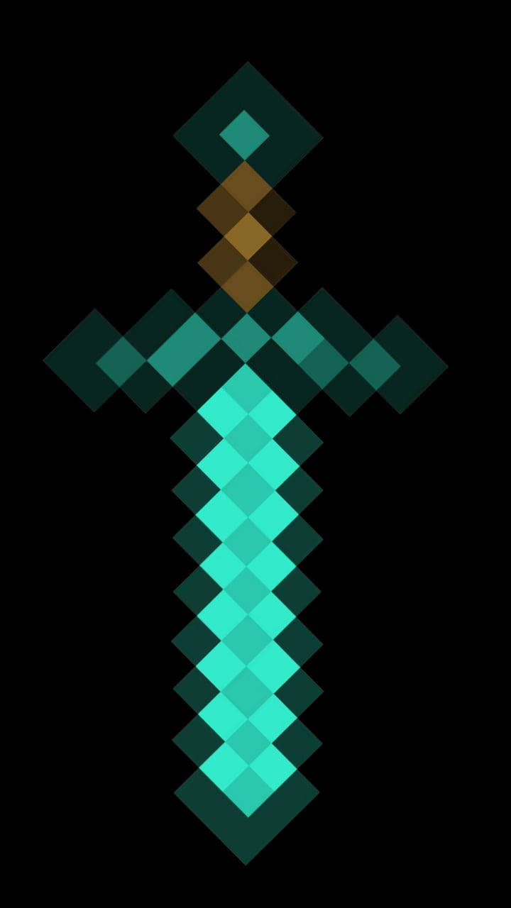 大斧頭武器 Minecraft iPhone 壁紙 — 一把像素化的鑽石劍在純黑色背景上發出青色光芒。