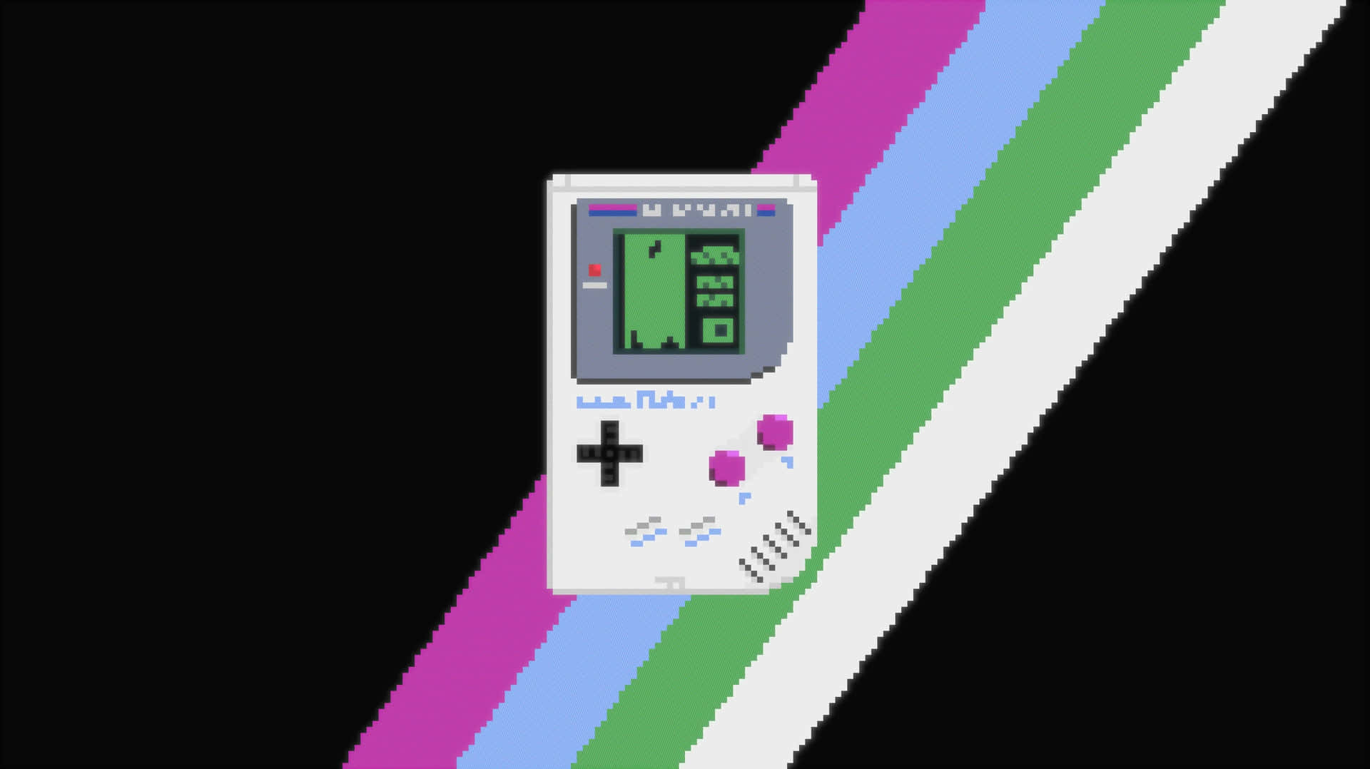  壁紙 — 一部像素化的 Game Boy 在黑色背景上顯示綠色遊戲畫面，並帶有對角彩虹條紋。