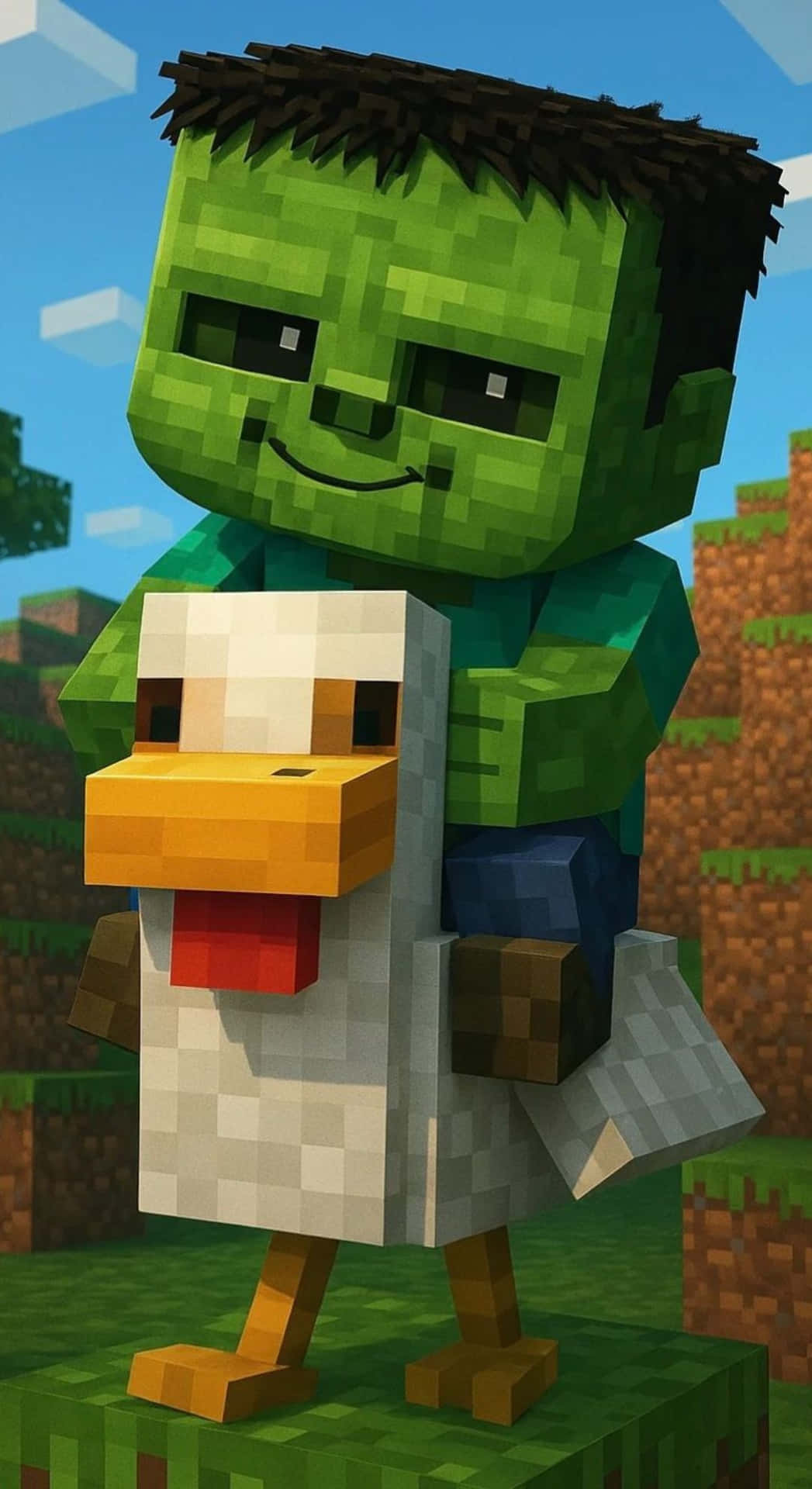  壁紙 — 一個像素化的綠色變形俠醫在藍天下嘅Minecraft風格方塊地形中拎住一隻白色鴨仔。