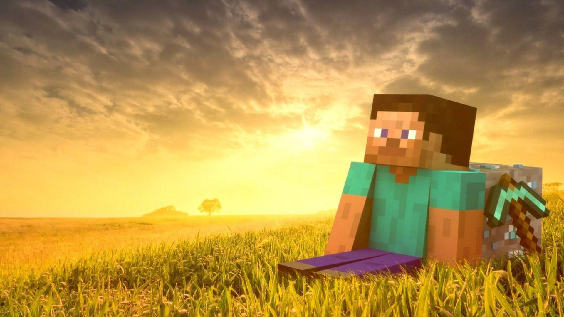 Minecraft角色坐在草地上，在夕陽下持劍和書本。