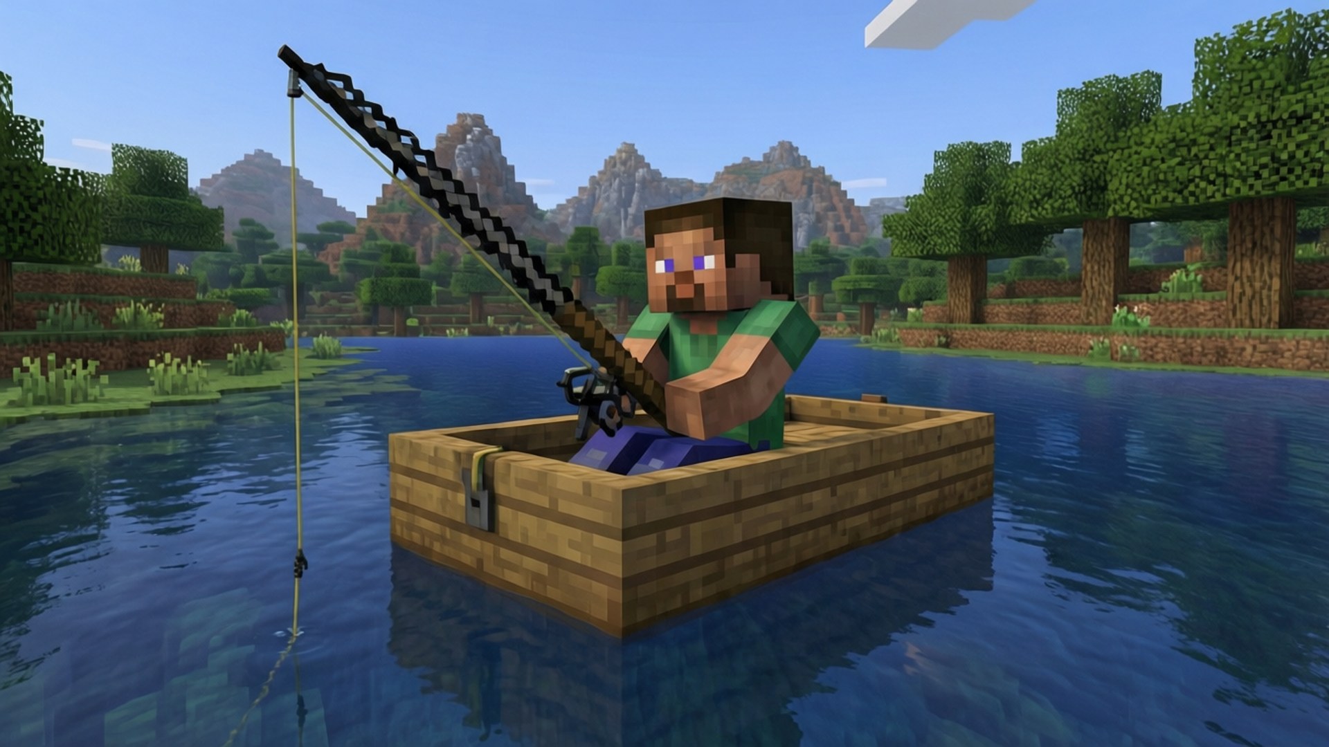 Minecraft角色在湖中從木船上釣魚，背景有樹木和山脈。