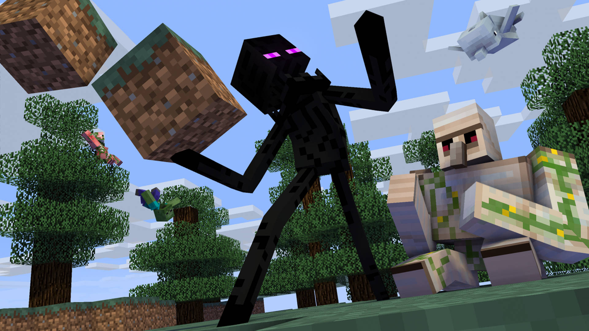 Minecraft爬行者和喪屍在像素化森林中，帶有浮動方塊。