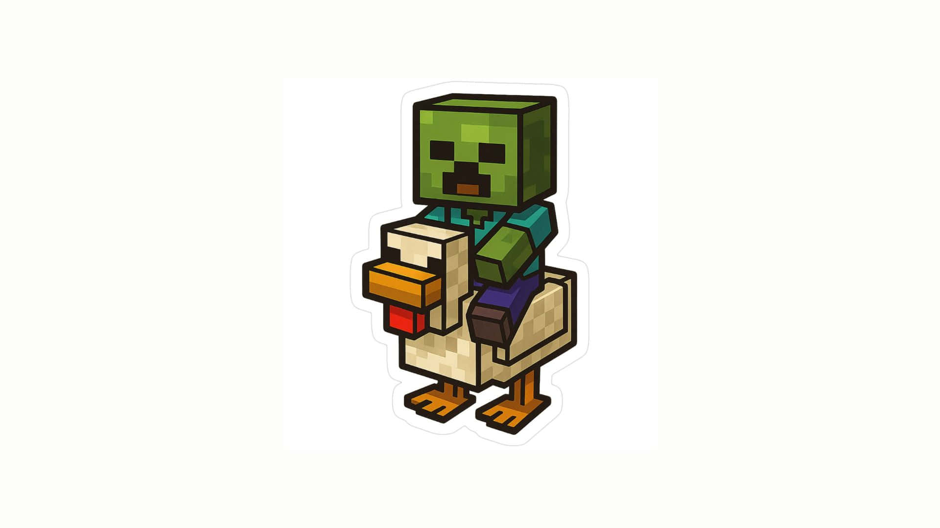  壁紙 — 像素化的Minecraft喪屍騎著雞的可愛貼紙風格插圖。