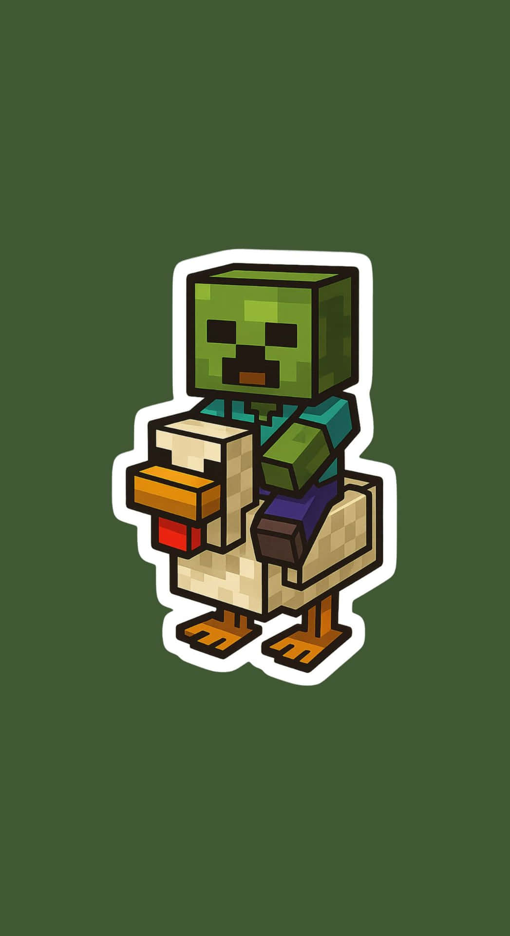  壁紙 — 像素化的Minecraft喪屍騎著一隻鴨子，背景為純深綠色。