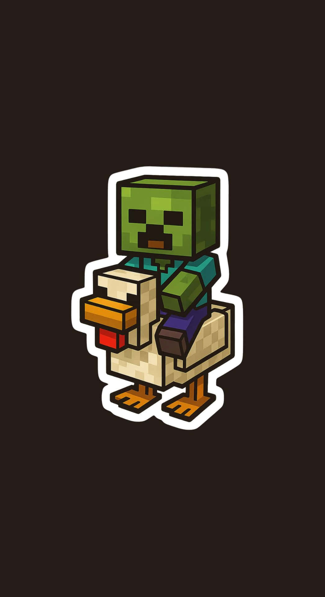  壁紙 — 一個像素化的Minecraft喪屍騎著鴨子，以卡通貼紙風格呈現，背景為深色。
