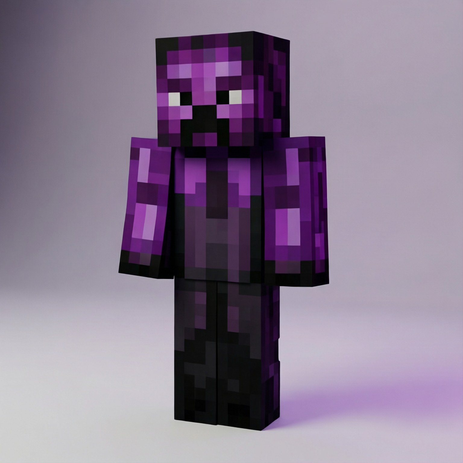 Low Poly Enderman 壁紙 — 一個像素化的紫色和黑色Minecraft終界使者站在柔和的漸變背景前。