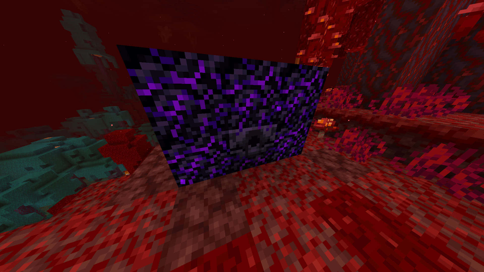  壁紙 — 一個像素化的紫色地獄傳送門矗立在紅色地獄景觀中，地形崎嶇不平。