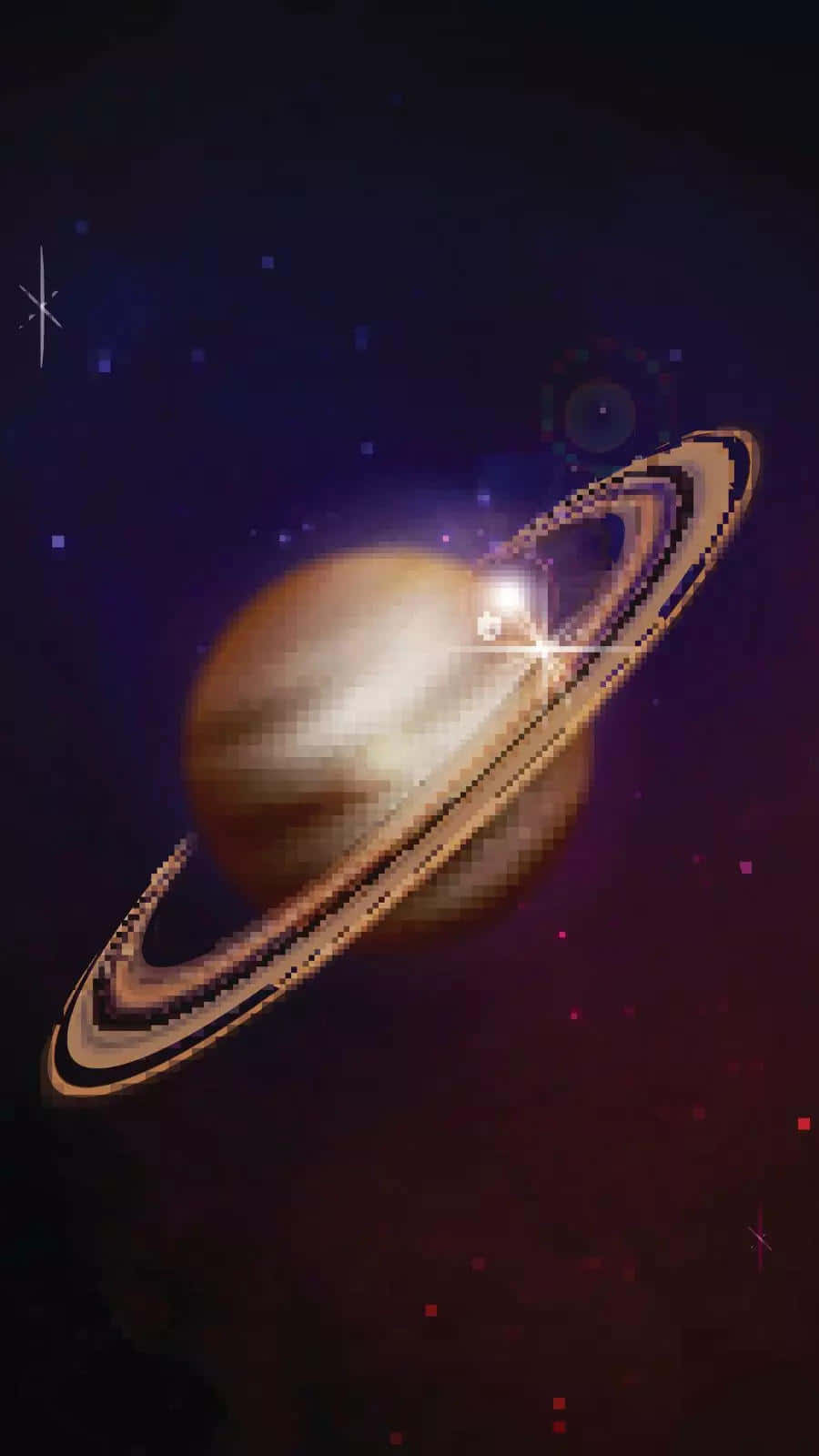 像素化土星帶著發光的環，在色彩繽紛的星空太空場景中。