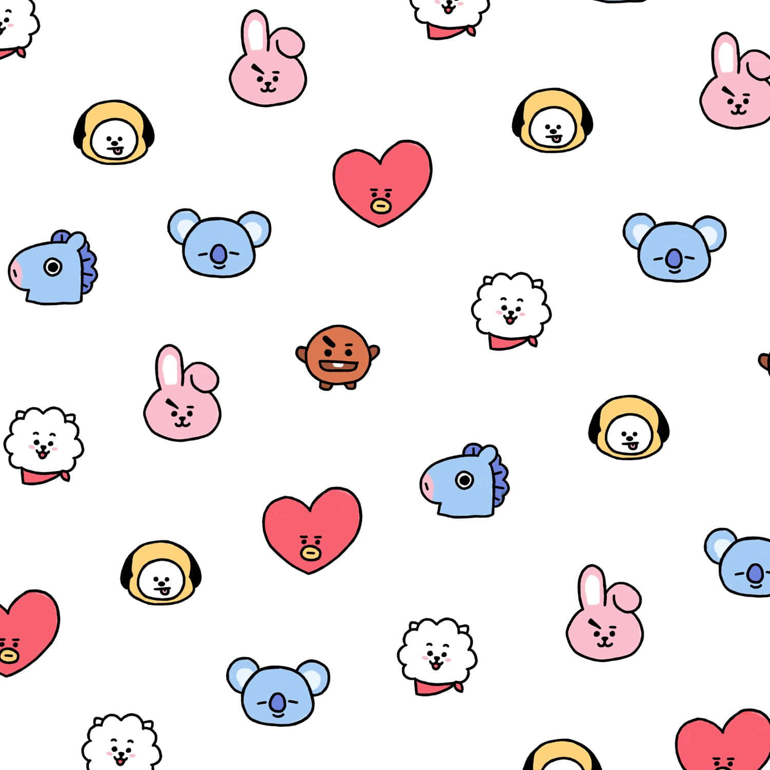 BT21卡通角色和心形在白色背景上重複排列。